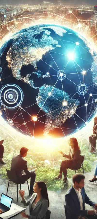 I nostri obiettivi - A visionary concept of a globe with glowing connections, surrounded by diverse individuals collaborating and using VR technology