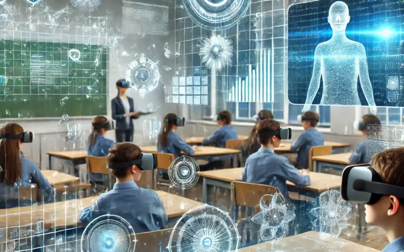 Tecnologia e innovazione - A futuristic scene showcasing technology and innovation in education - The image features a digital classroom with students using VR headsets